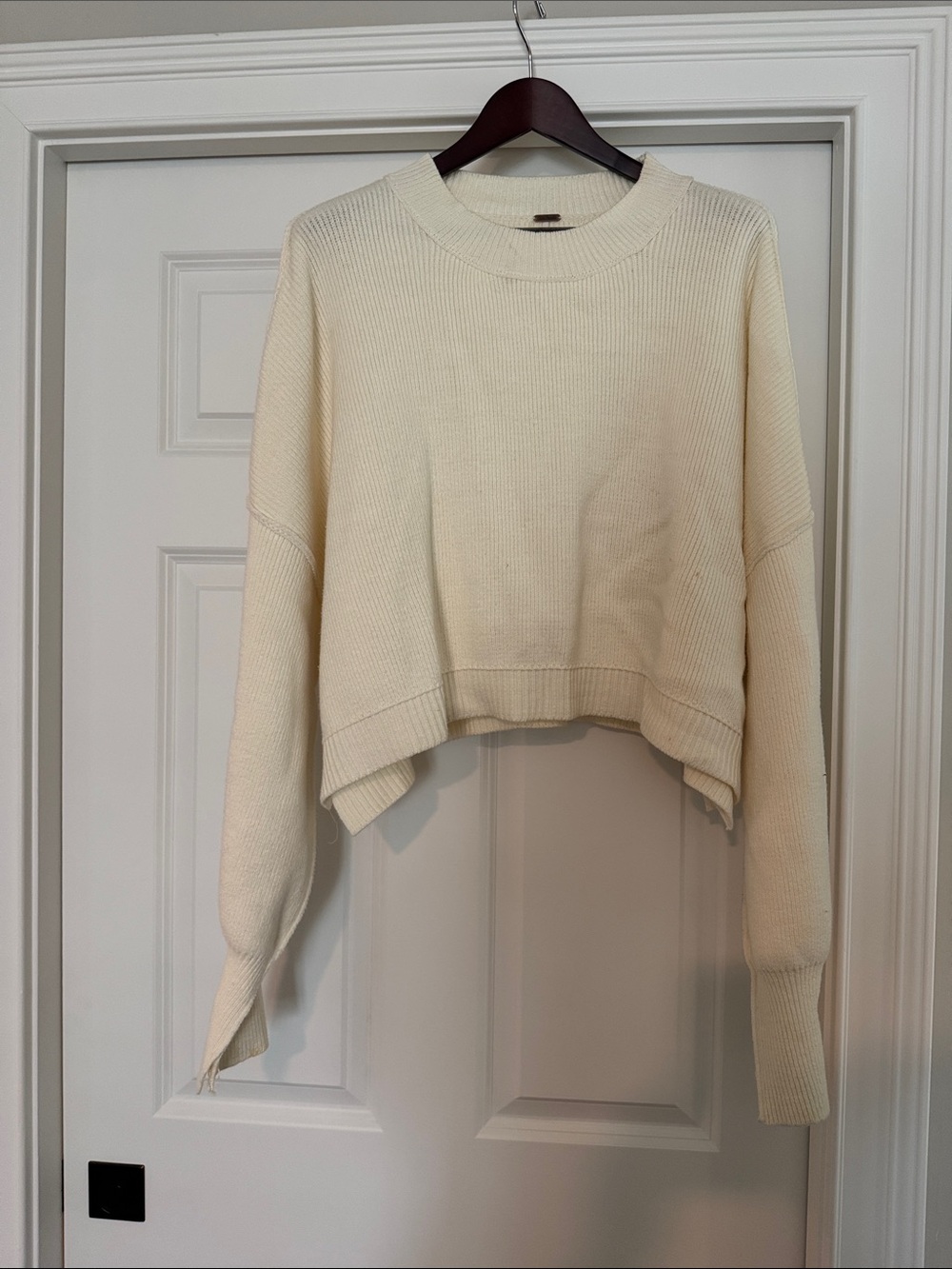 Free People Cream Cropped Ribbed Crewneck Sweater